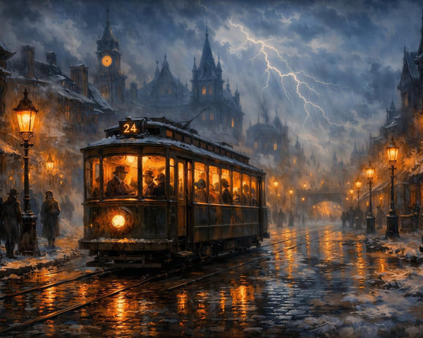 Nighttime City Street with Tram in Snowy Landscape