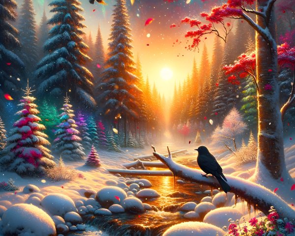 Vibrant Fantasy Winter Wonderland Landscape at Sunset
