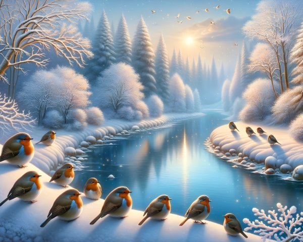 Winter Landscape with River and European Robins