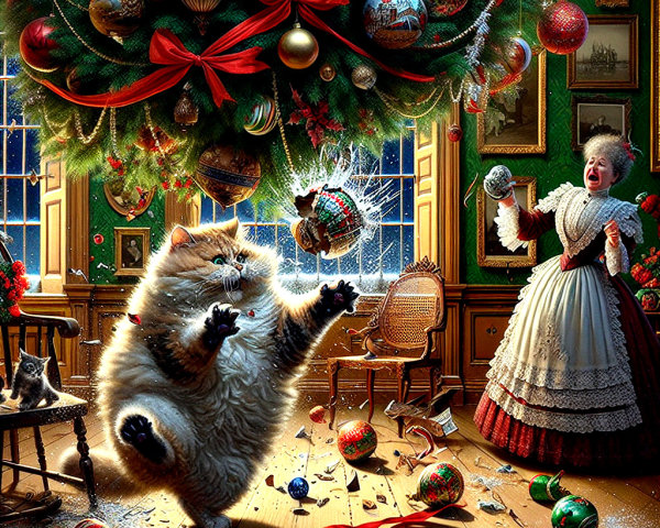 Realistic Painting of Tabby Cat by Christmas Tree