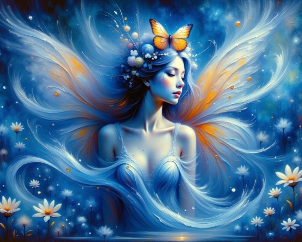 Serene Fairy Woman with Blue Hair and Ethereal Wings