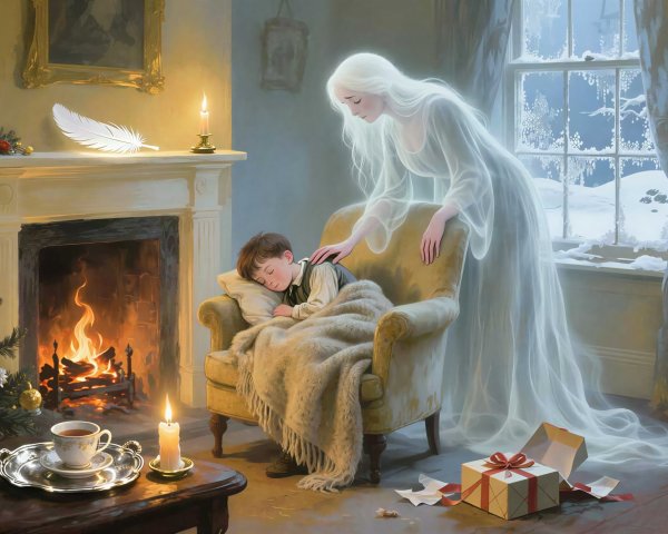 Ghostly Figure Over Boy in Antique Armchair Scene