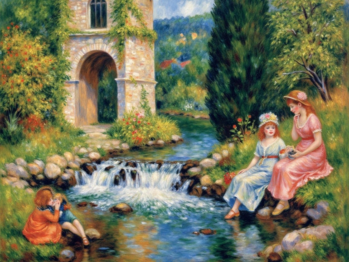 Impressionistic Scene of Girls and Women by a River