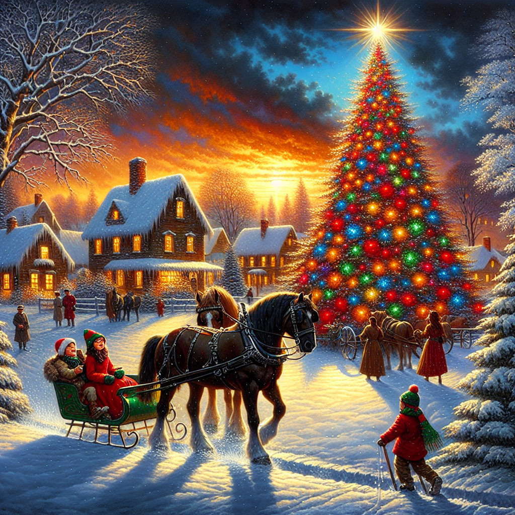 Cozy Winter Evening Scene with Christmas Tree and Sleigh
