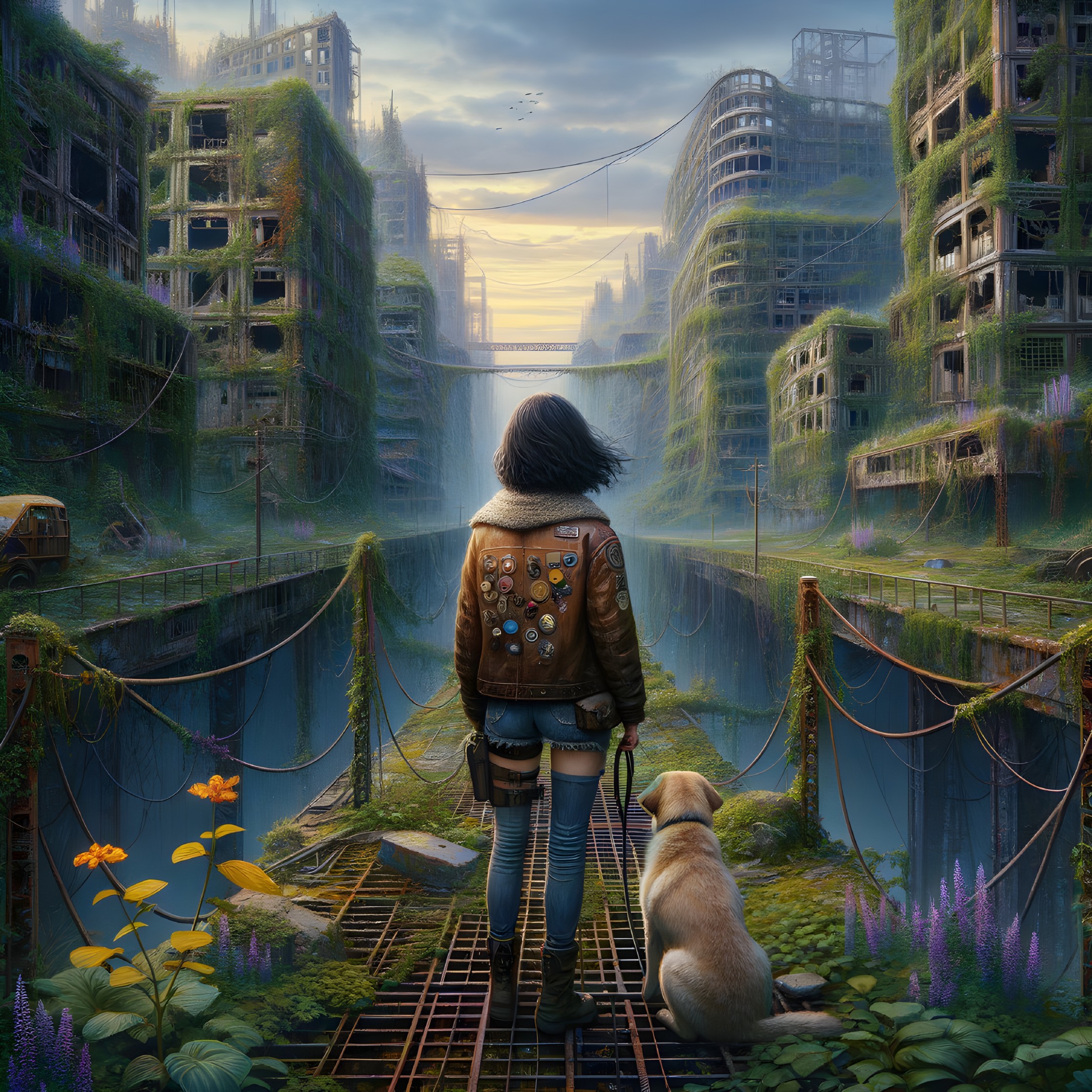 Solitary figure with dog on a derelict urban overpass