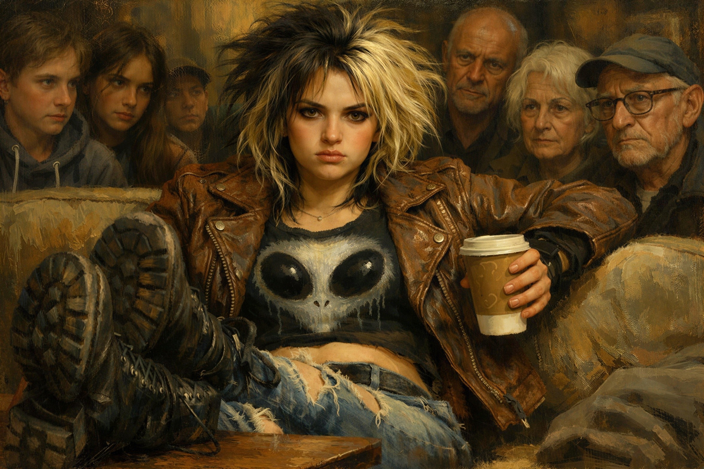 Oil Painting of Young Woman with Diverse Audience