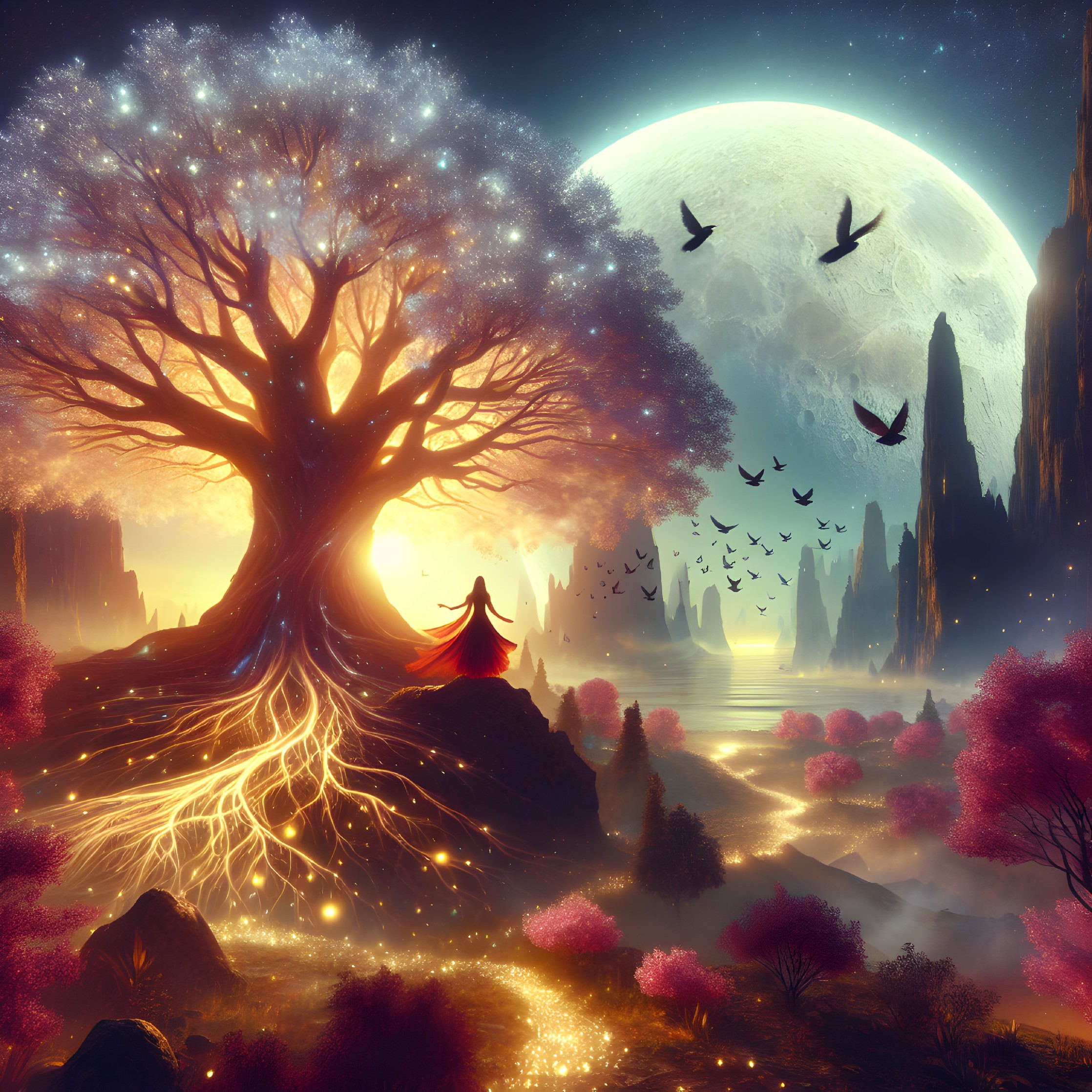 Ethereal Landscape with Mystical Tree and Moonlight