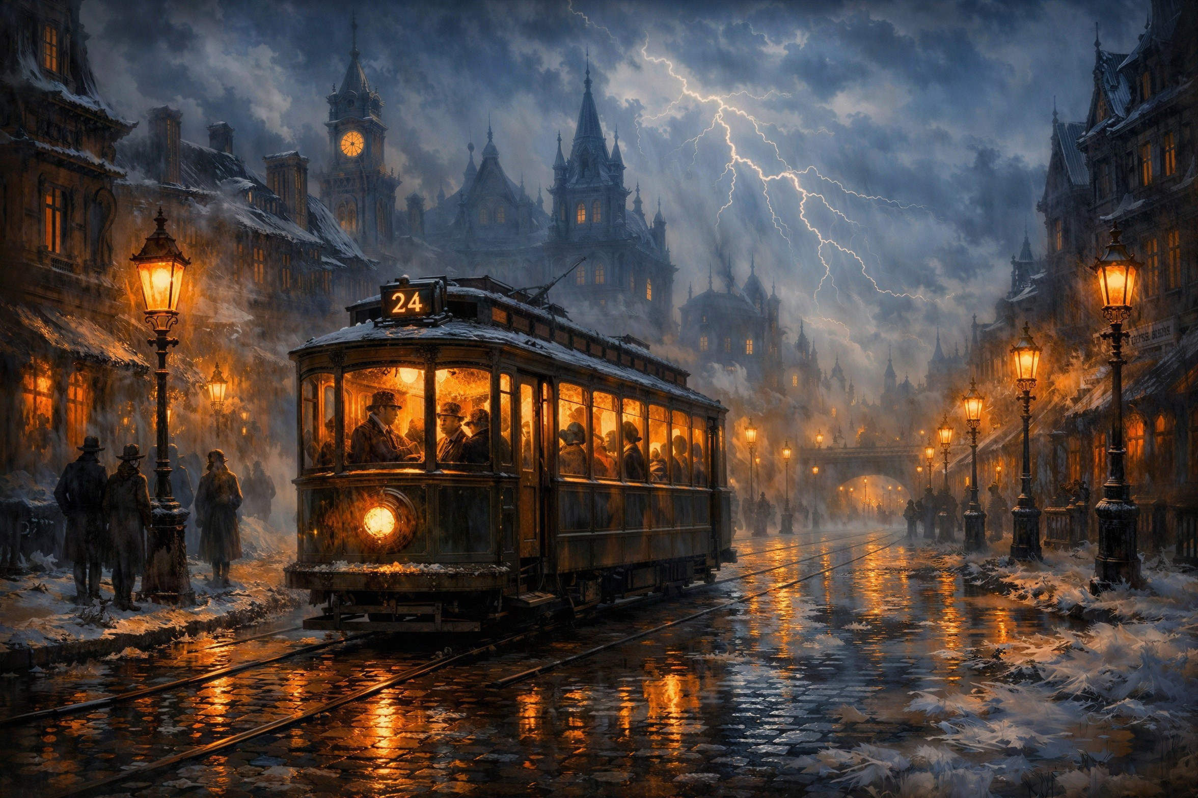 Nighttime City Street with Tram in Snowy Landscape