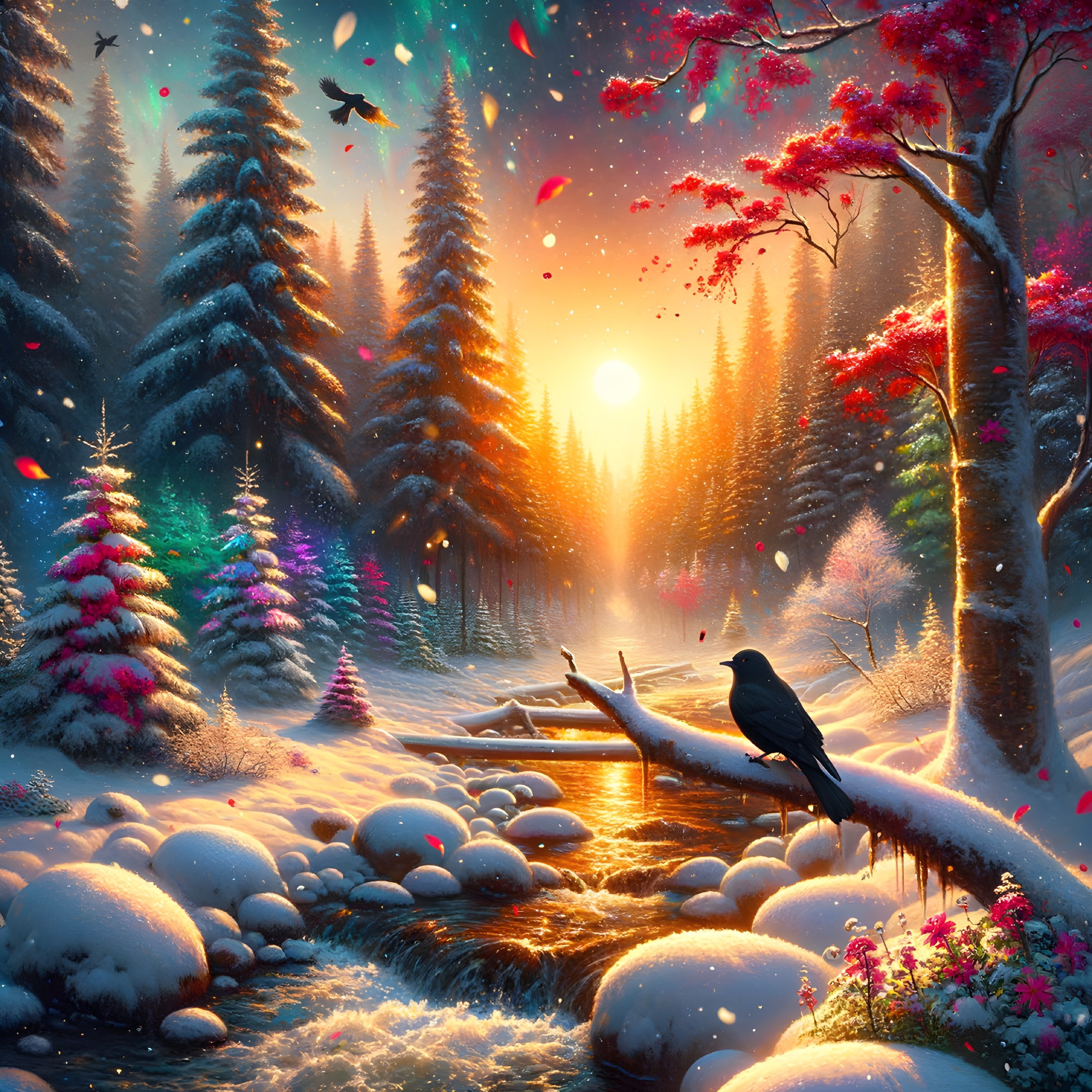 Vibrant Fantasy Winter Wonderland Landscape at Sunset