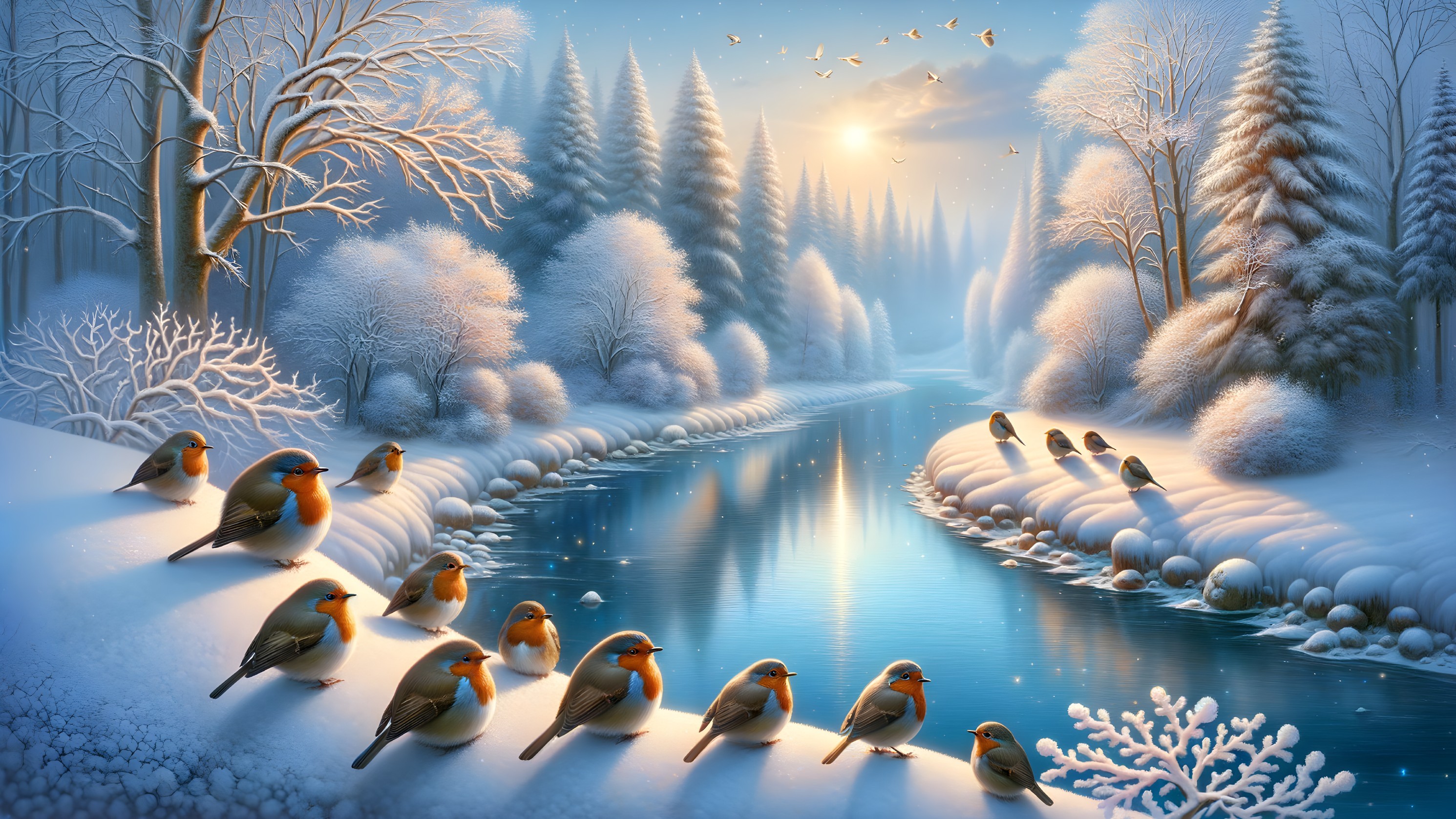 Winter Landscape with River and European Robins