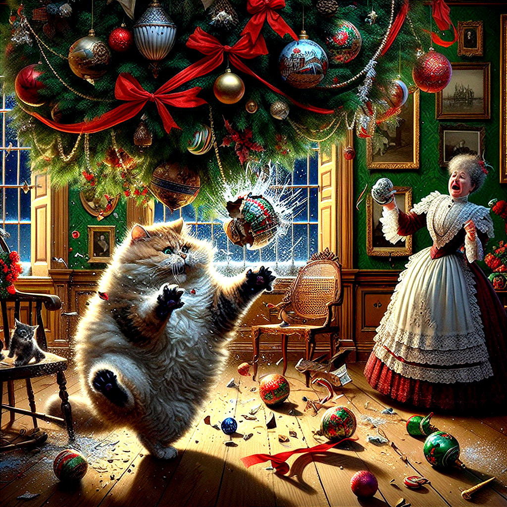 Realistic Painting of Tabby Cat by Christmas Tree