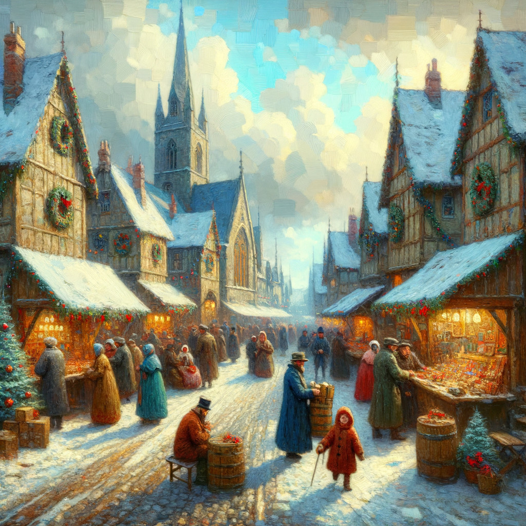 Snowy Village Christmas Market in Oil Painting Style