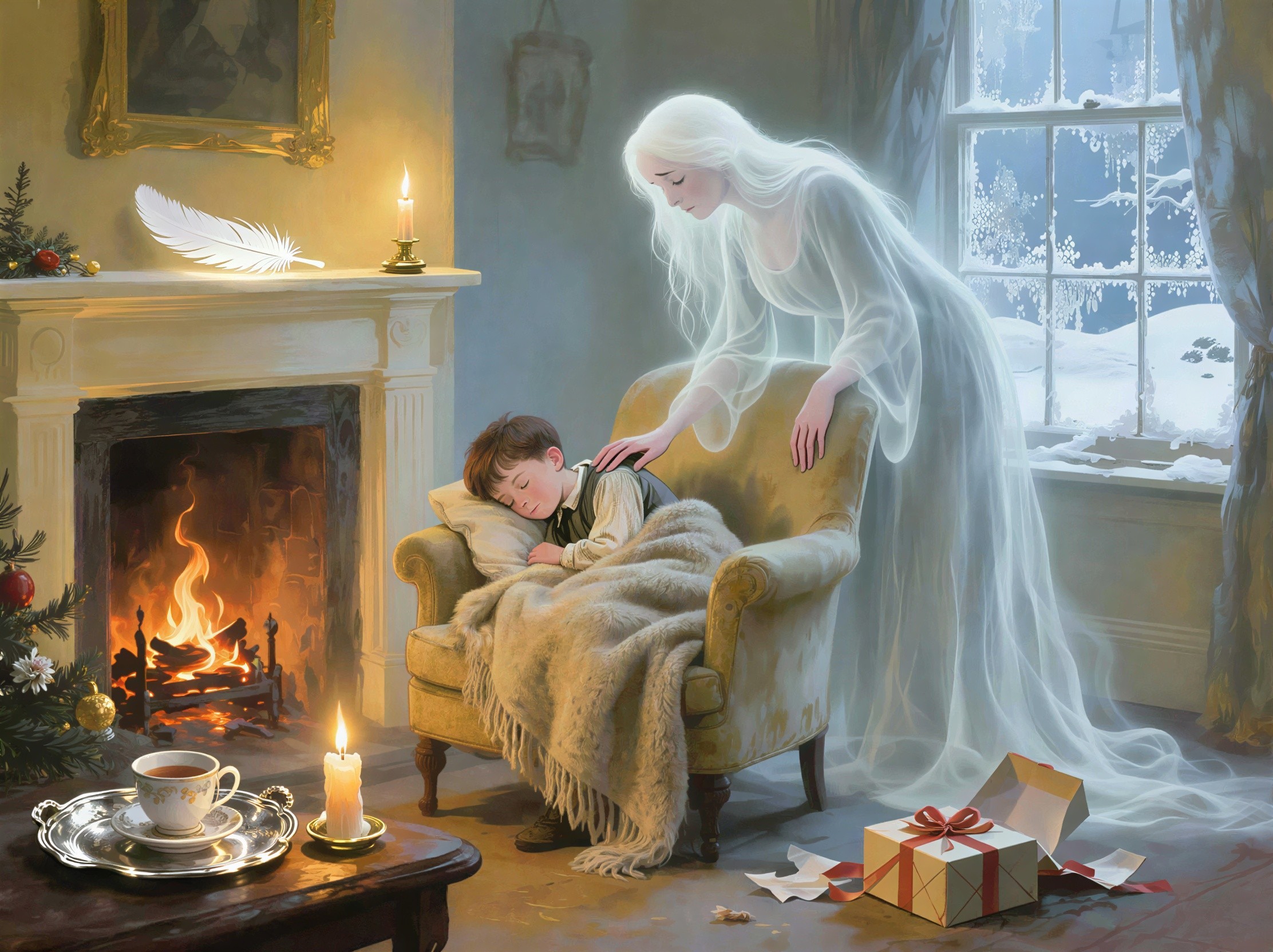 Ghostly Figure Over Boy in Antique Armchair Scene