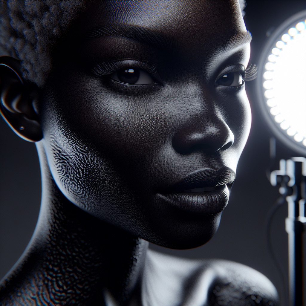 Close-up of a woman with smooth dark complexion and expressive eyes