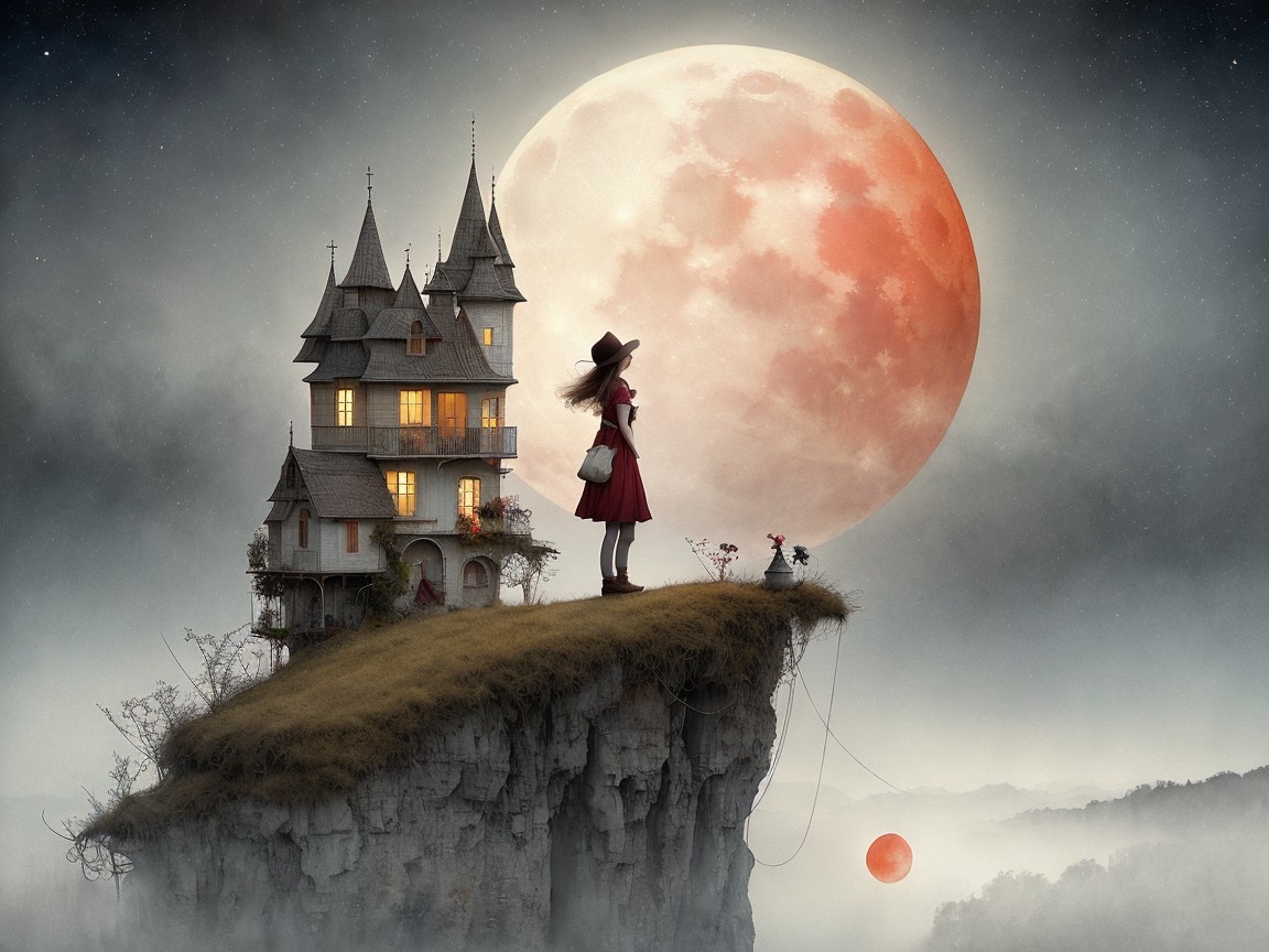 Girl in red dress on cliff with red moon and castle