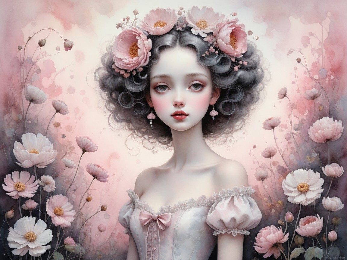 Whimsical Portrait of a Young Woman in Floral Setting