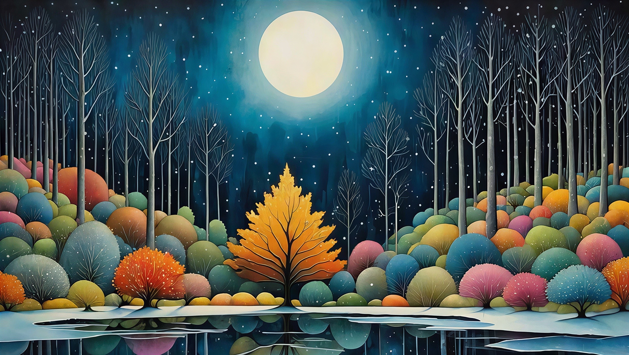 Whimsical Landscape with Vibrant Forest and Moonlight