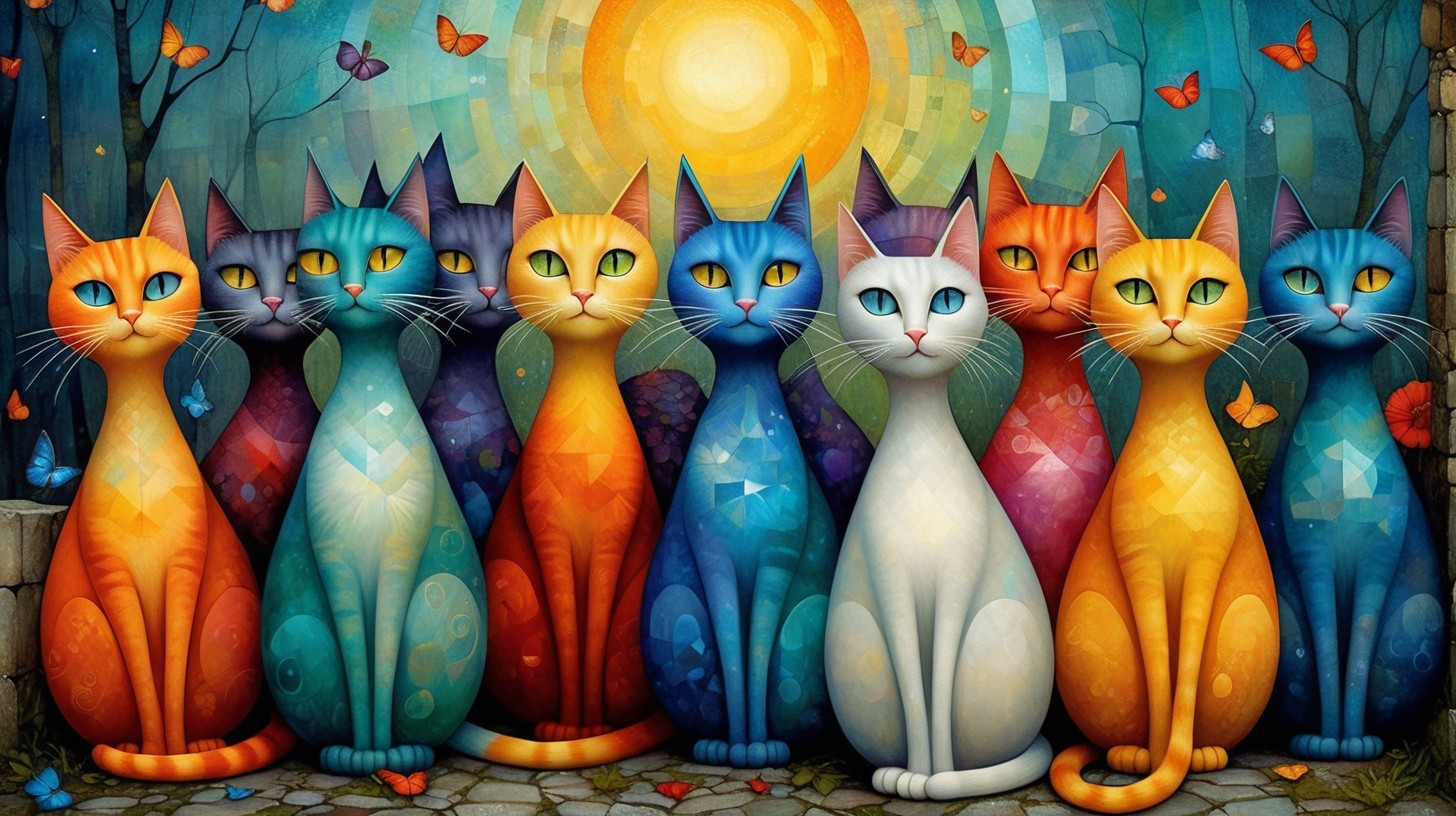 Vibrant Digital Painting of Nine Stylized Cats