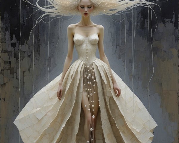 Pale-Skinned Woman in Off-White Dress on Gray Background