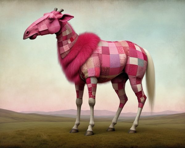 Whimsical Giraffe-Like Creature in Pastel Landscape