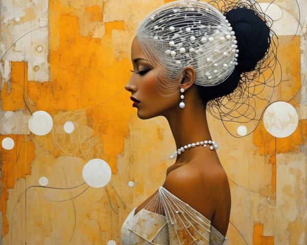 Profile of a Woman with Elegant Jewelry and Abstract Background