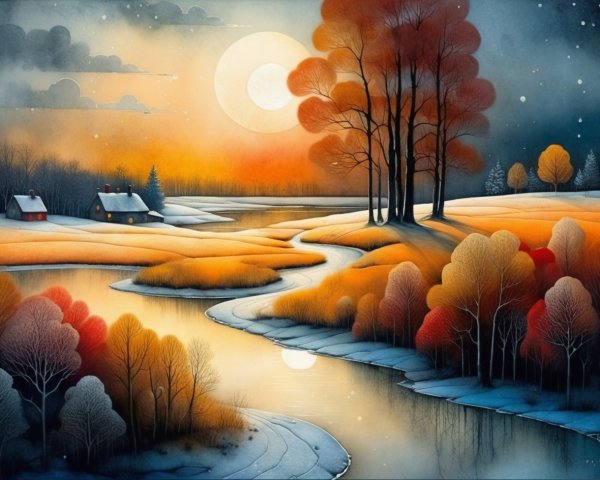 Idyllic Winter Landscape with River and Snow-Covered Fields