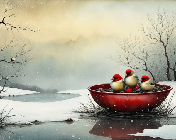 Snowy Winter Landscape with Birds in a Red Bowl