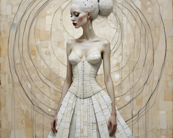 Elegant Woman in Flowing White Gown with Textured Background