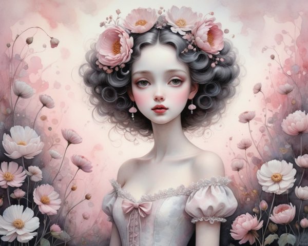 Whimsical Portrait of a Young Woman in Floral Setting