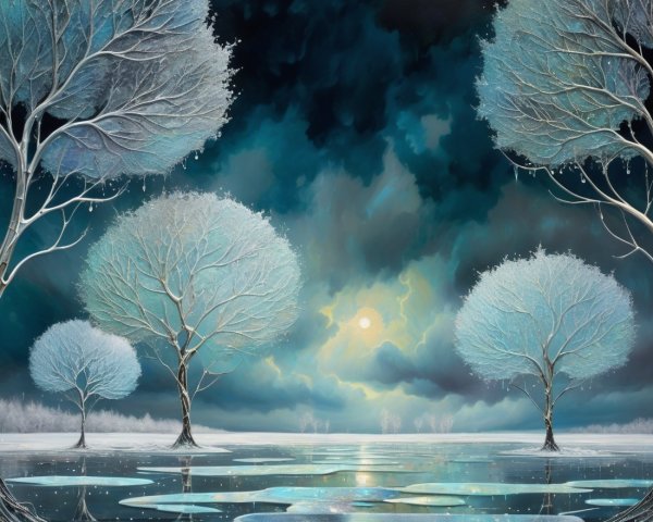 Serene winter landscape with frosted trees and moonlight