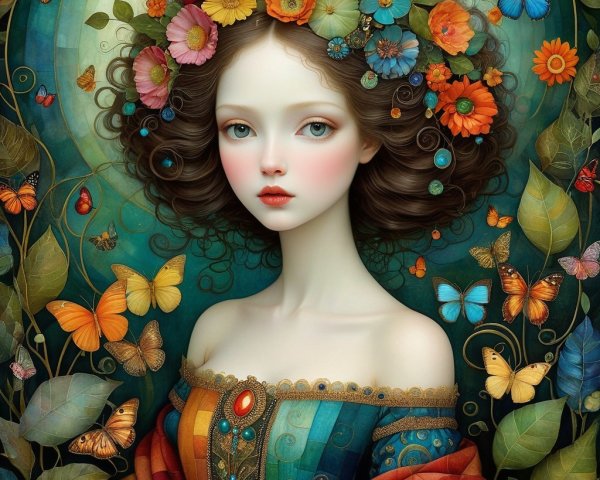 Young woman in floral crown with colorful dress and butterflies