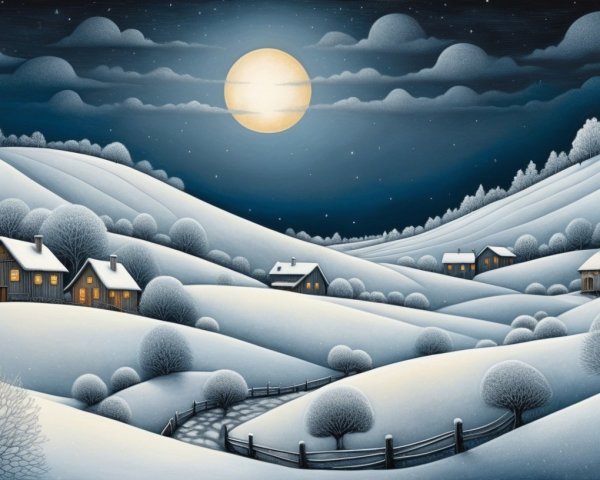 Winter Night Scene with Snowy Hills and Moonlight