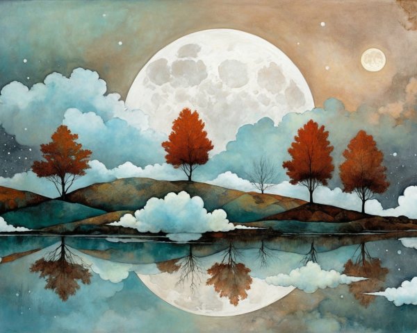 Night Landscape Watercolor with Full Moon and Trees