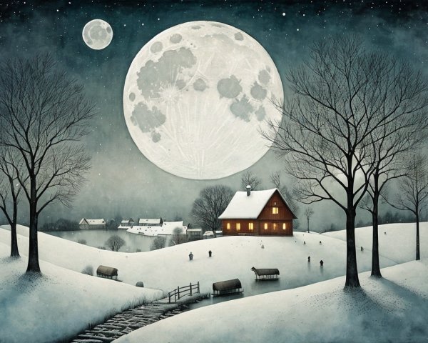 Cozy Cabin in Serene Winter Landscape at Night