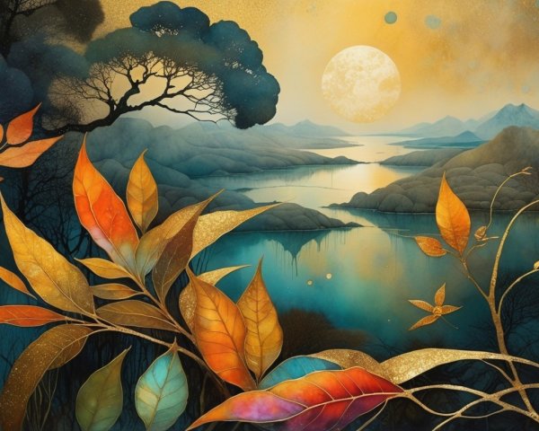 Autumn Landscape with Sunset and Full Moon Reflection