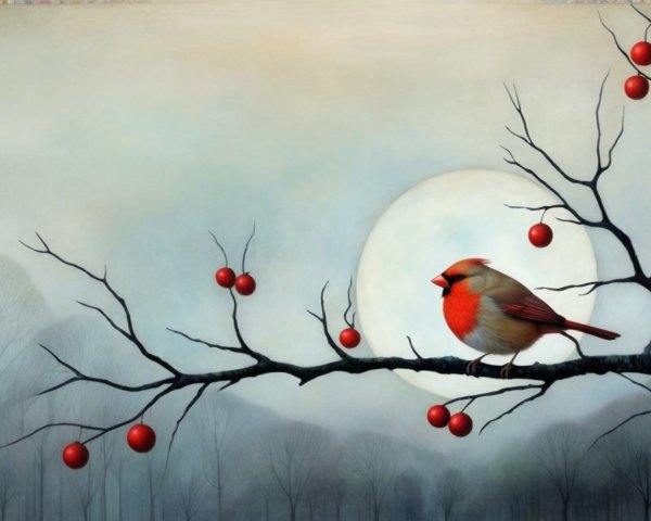 Red Bird on Branch with Berries and Full Moon Background