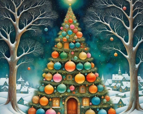 Magical Christmas Tree in Snowy Night Landscape