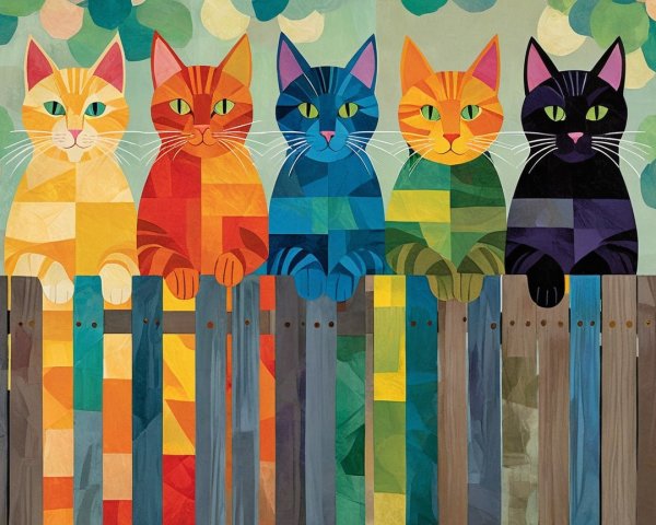 Five Colorful Cats on a Fence with Geometric Patterns