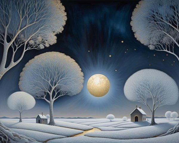 Surreal Winter Landscape with Golden Moon and Snow