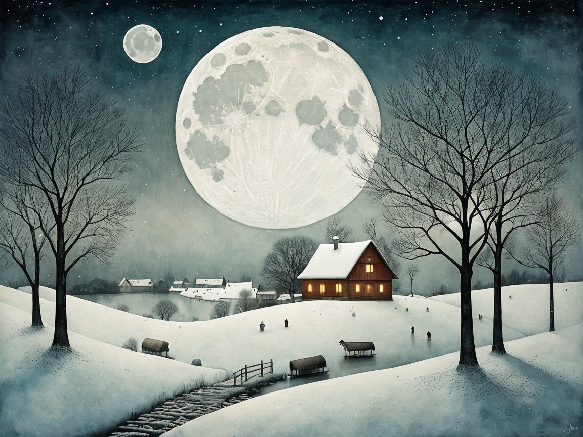 Cozy Cabin in Serene Winter Landscape at Night