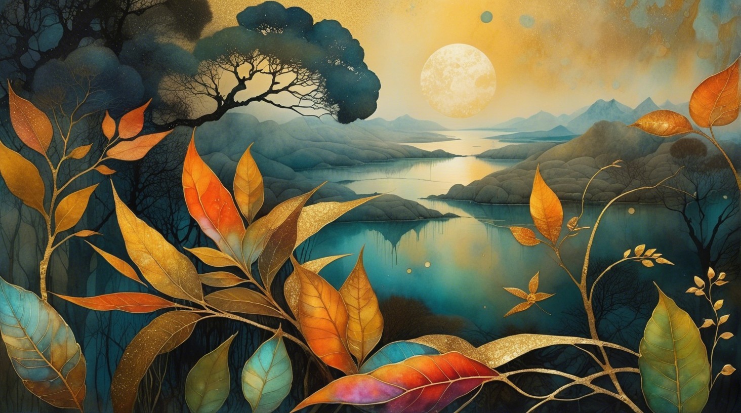 Autumn Landscape with Sunset and Full Moon Reflection