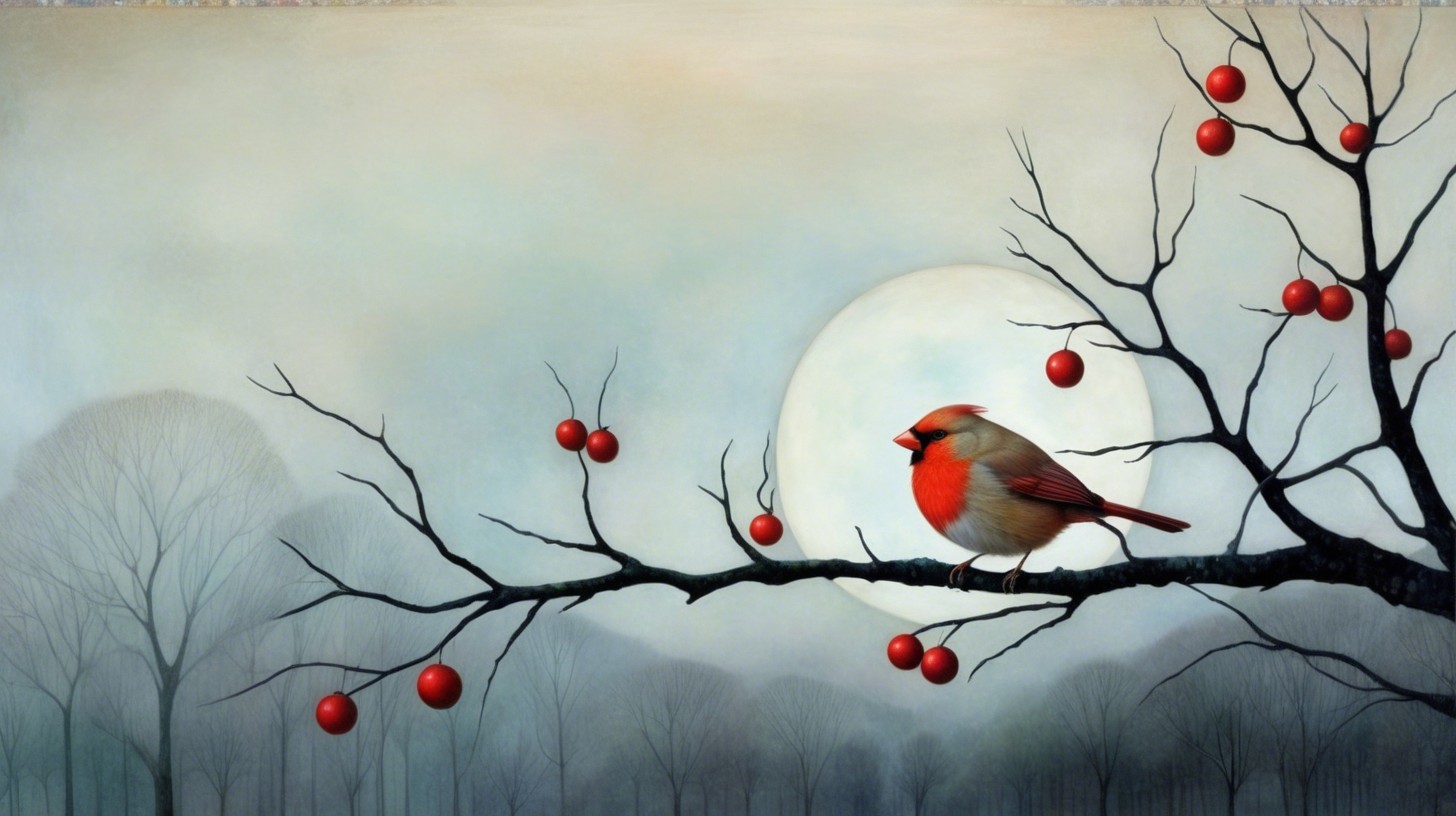 Red Bird on Branch with Berries and Full Moon Background