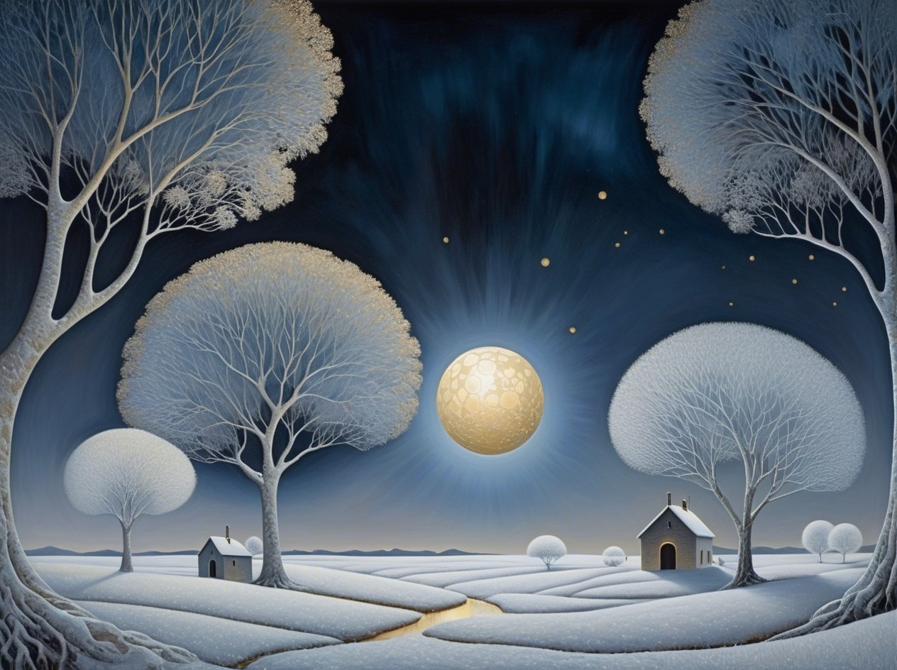 Surreal Winter Landscape with Golden Moon and Snow