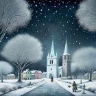 Snowy Village Scene with Churches and Bare Trees