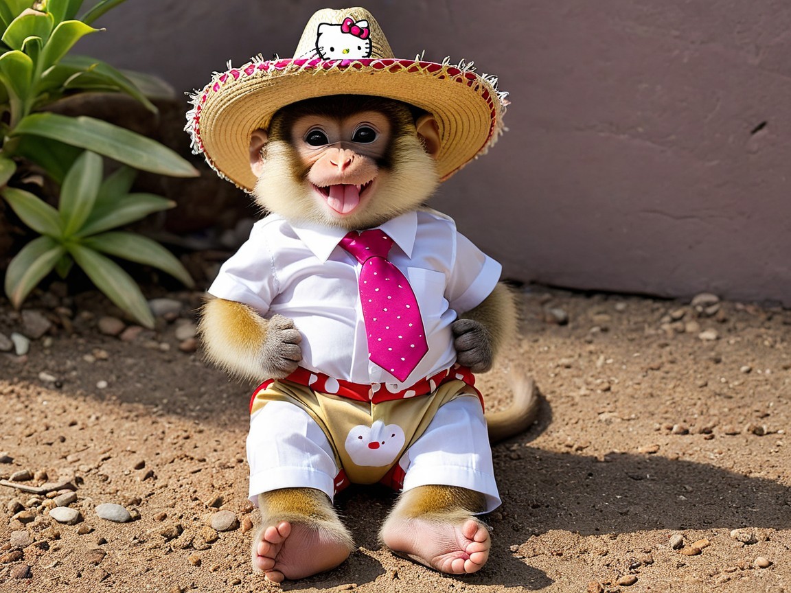 Cheerful monkey in attire with tropical plants backdrop