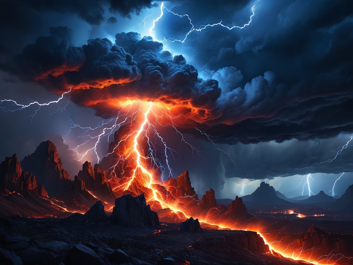 Dramatic Volcanic Landscape with Lava and Lightning