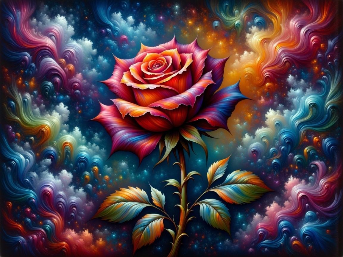 Multicolored rose against a vibrant cosmic backdrop