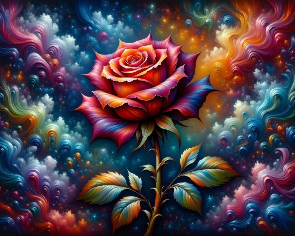 Multicolored rose against a vibrant cosmic backdrop