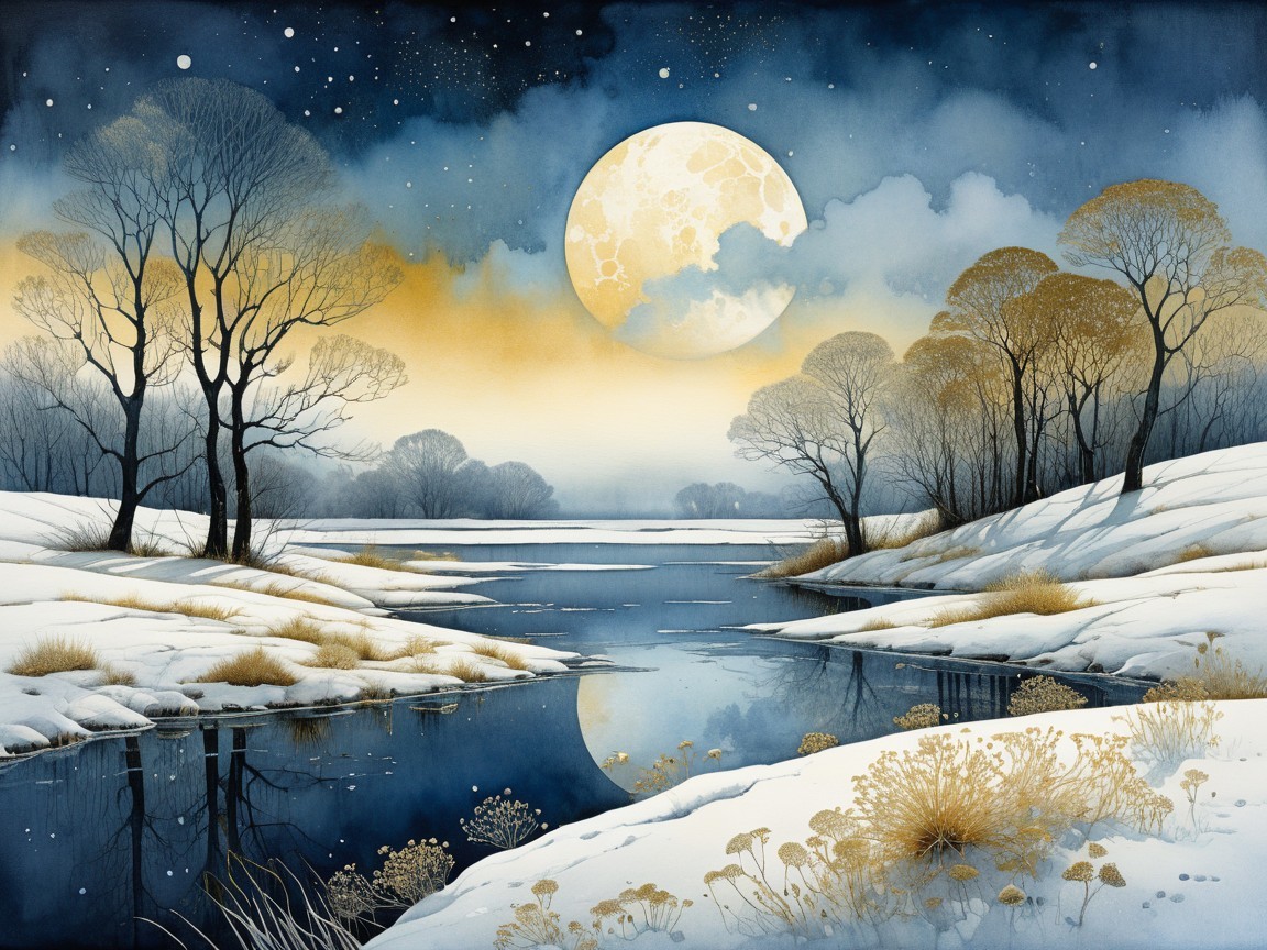 Serene Winter Landscape with Moonlit River and Snow