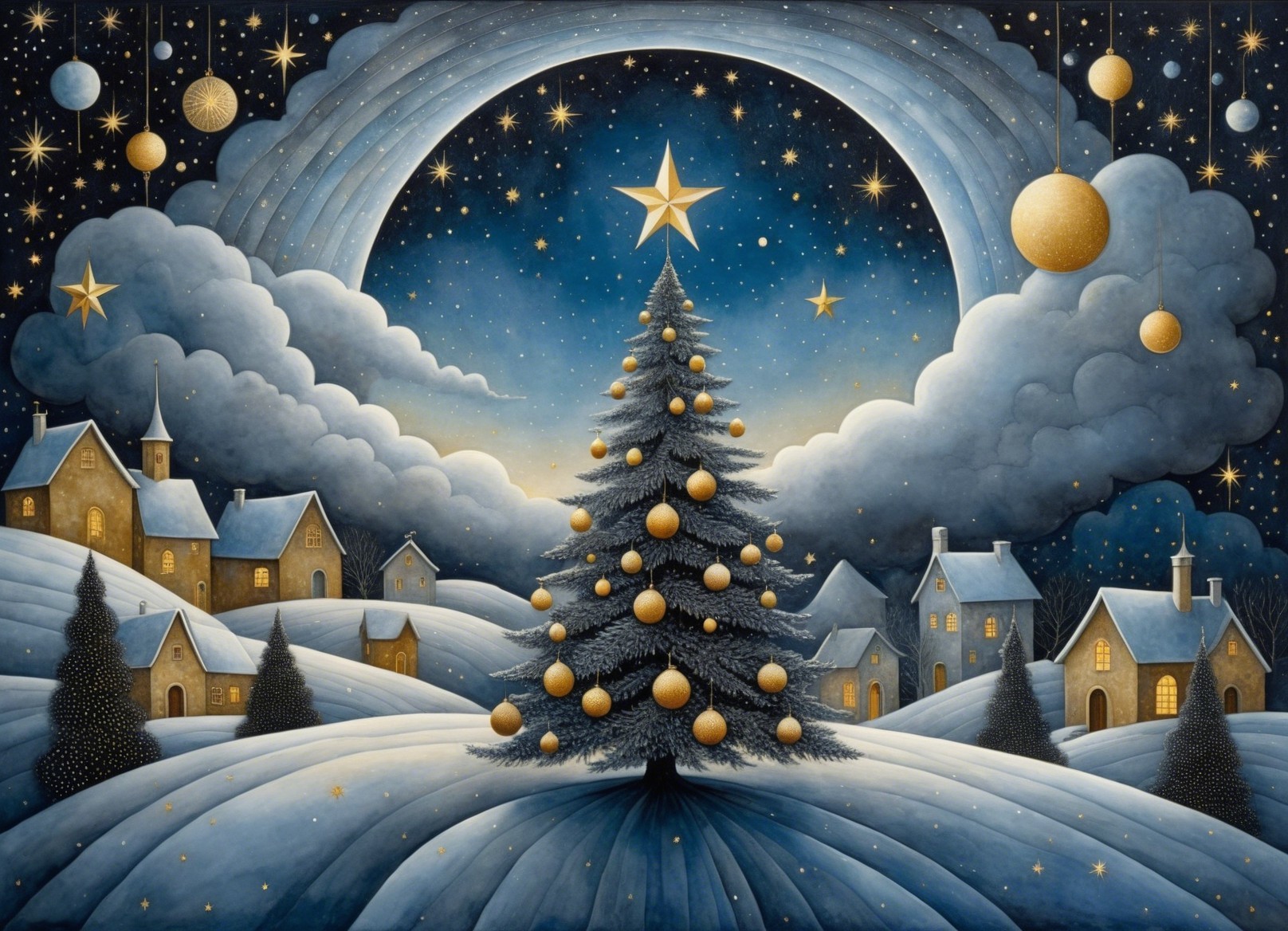 Winter Town Scene with Snowy Landscape and Christmas Tree